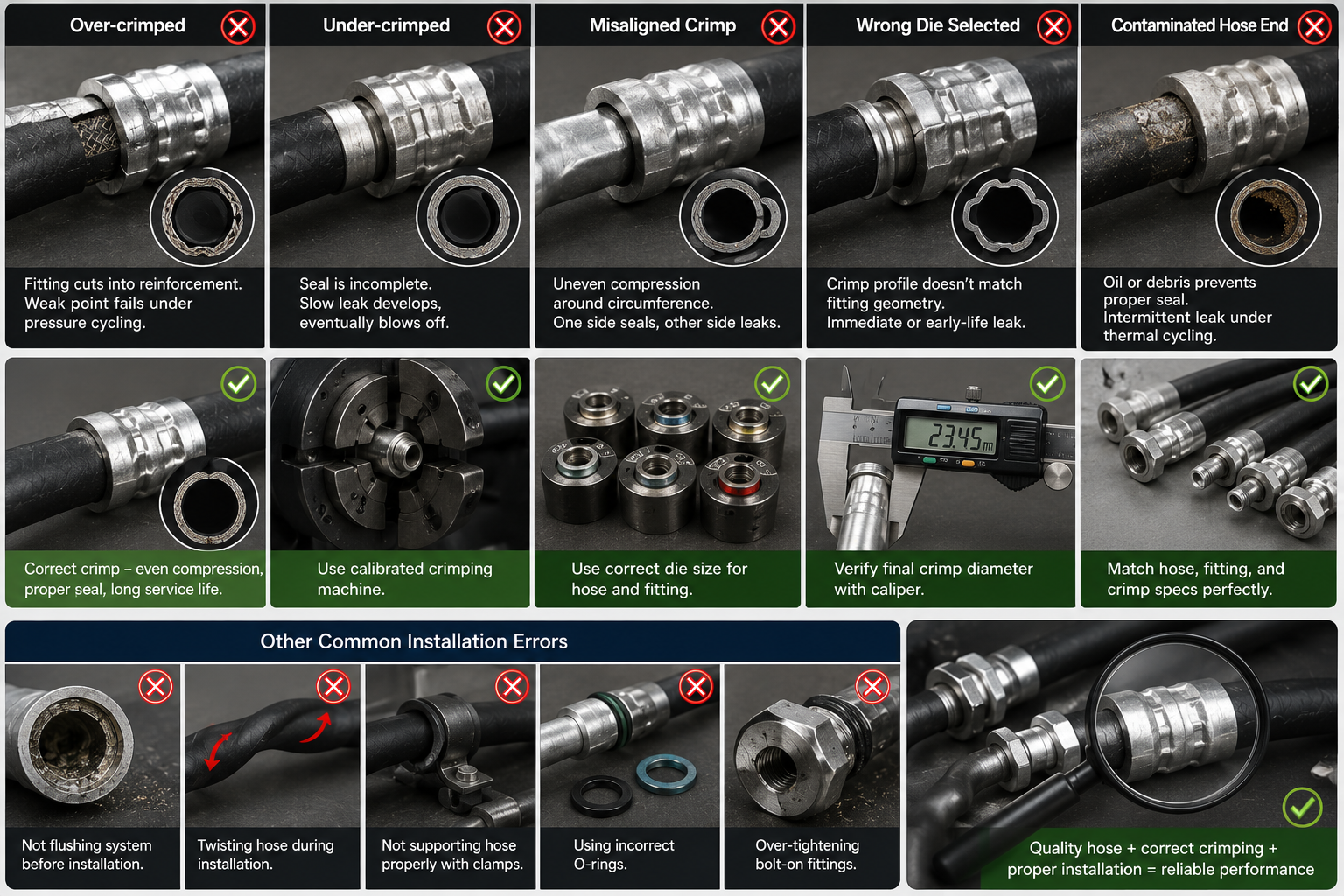 AC hose crimping machine and fitting assembly
